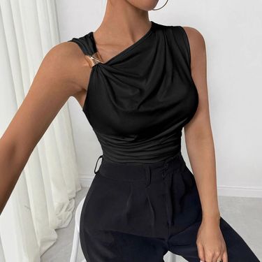 European And American 2025 Summer New Fashion All Match Slim Solid Color Pleated Metal Decoration Sleeveless Pullover T Shirt_voghion.com