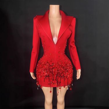 Elegant Rhinestone Fringe Prom Dress – Stage Performance & Evening Gown (S/M/L/XL, Black/Red)_voghion.com