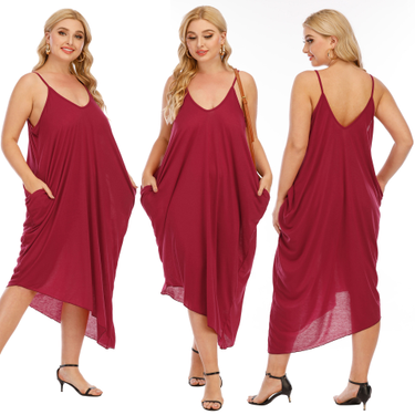 Women's Plus Size V Neck Strappy Irregular Loose Pocket Dress_voghion.com