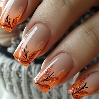 hot sale Chinese nails 24 pieces red brown gradient French false nails leaf glitter wear nails_voghion.com