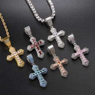 Unisex popular square colored zircon cross pendant new personality full diamond necklace trendy hip hop jewelry_voghion.com