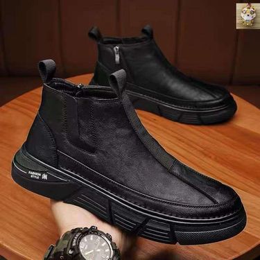 Slip-On Zipper Martin For Men 2025 Autumn Winter New Mid-Top Men's High-Top Shoes Casual Black Leather Boots_voghion.com