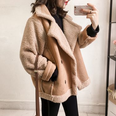 Women's Clothing Lambswool Coat Women New Loose Bf Style Fur Plush Motorcycle Jacket Tops Trendy_voghion.com