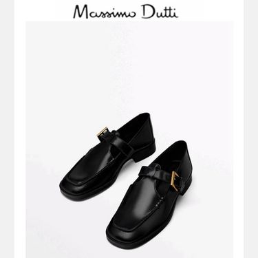 Massimo Dutti Women's 2024 Spring Summer New Flat Single Shoes Black Leather Square Toe Loafers_voghion.com