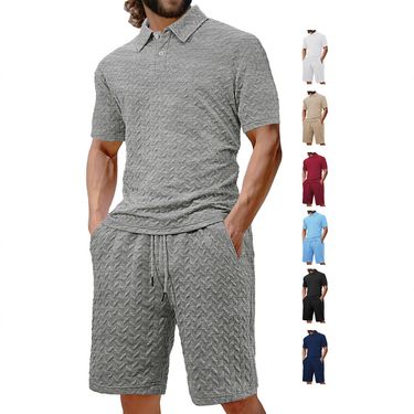Men's Clothing Men's Summer New Casual Loose Lapel Jacquard Fabric Men's Short Sleeved Polo Shirt Suit_voghion.com