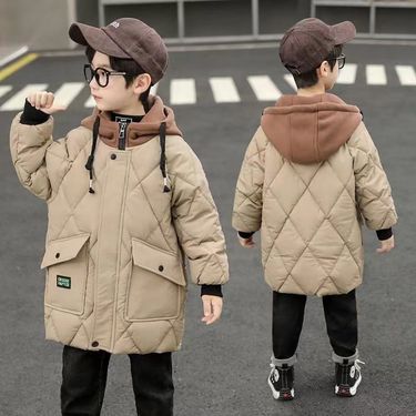 Boys Winter Coat With Fleece Lining, Thickened Long Puffer Jacket For Kids, Warm Hooded Outerwear For Cold Weather_voghion.com