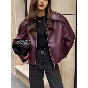 Oversized Biker-Style Faux Leather Jacket For Women - Long Sleeve Loose Fit Coat (Burgundy/Brown/Black/Olive Green)_voghion.com