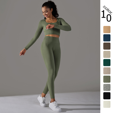 Women's Clothing seamless knitted solid color jacquard low-cut tight long-sleeved yoga suit sports fitness two-piece set_voghion.com