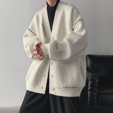 Men's Loose Lazy Style Sweater Jacket Autumn Winter Thickened Trendy Ins Couple Cardigan V-Neck Knitted_voghion.com