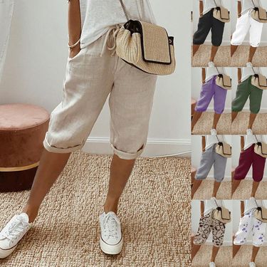 Women's cotton and linen pocket elastic casual pants women's pants quarter pants_voghion.com