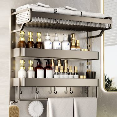 Space Aluminum Bathroom Towel Rack – No Drill Wall Mount With Shelf, Rustproof & Waterproof Organizer For Shower, Toilet, And Laundry Room_voghion.com