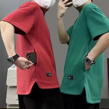Men's Clothing Hidden pocket heavy waffle men's short sleeved round neck summer solid color loose large size T shirt cool and breathable_mkmklike.com