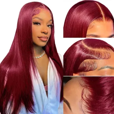 30 Inch Burgundy Lace Front Human Hair Wig 13x4 Pre Plucked Straight with Baby Hair 150% Density for Women_voghion.com
