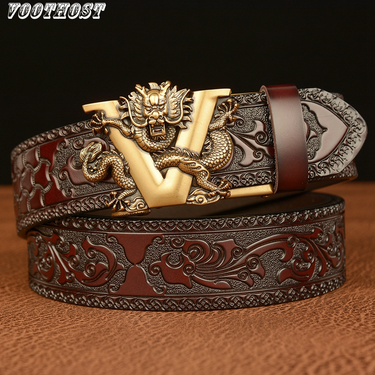 New Male China Dragon Belt Cowskin Genuine Leather Belt For Men Carving Dragon Pattern Automatic Buckle Belt Strap For Jeans B0033_voghion.com