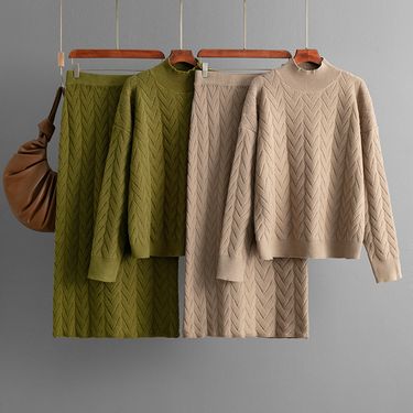 Women's Jacquard Knit Set – Mock Neck Top & Midi Skirt (One Size, Viscose-Blend, Black/Beige/Khaki/Olive/Lavender, Fall Workwear Collection)_voghion.com