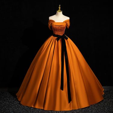 Off-Shoulder A-Line Satin Gown – Elegant & Vibrant (Orange, XS-3XL) For Singing Performances, Hosting & Special Events_voghion.com