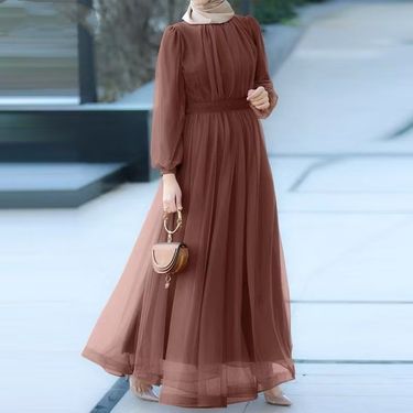 New Muslim Long Sleeved Fashionable Casual Mesh Double Layer Pleated Elegant Dress_voghion.com