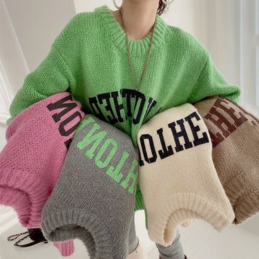 Women's candy-colored sweater Loose and slouchy crew-neck monogram sweater_voghion.com