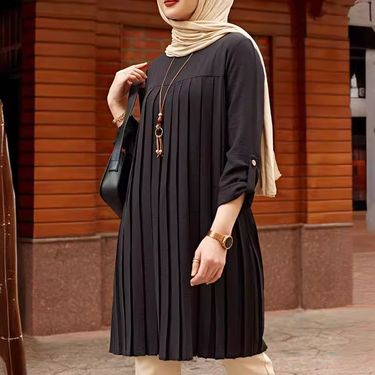 Women's Clothing Casual Women's Wear Pleated Loose Long Sleeved Round Neck Large Size Tops_voghion.com