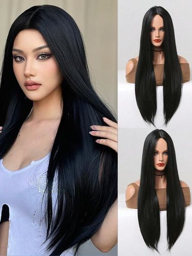 Black Long Straight Synthetic for Women Middle Part Hairline Natural Looking Wear Full Wig 26 Inches Daily Party_voghion.com