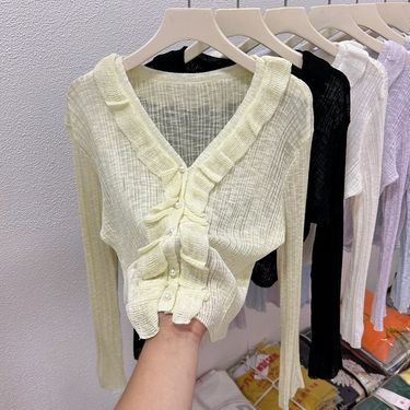 Lotus leaf edge ice silk sunscreen cardigan thin design for women's summer high-end feeling, shawl with suspender skirt,_voghion.com