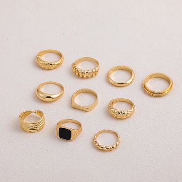 14K Gold Color Retention Ring Set 10-Piece Stackable Knuckle Geometric Stripe Decorative Rings Black_voghion.com