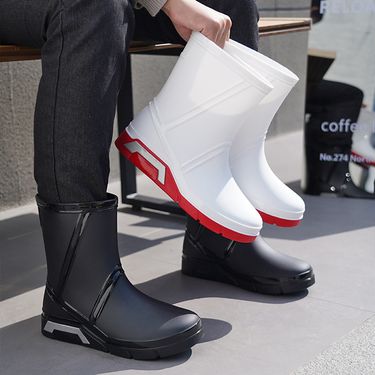 Fashion Flat Men's Rain Shoes Medium Tube Non-slip Waterproof Fishing Shoes Construction Site Kitchen Water Shoes Men_voghion.com