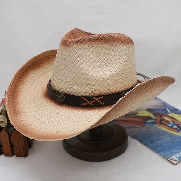Hand Knitted Western Fashion Men's Distressed Retro Cowboy Hat Cow Head Decorated Visor Hat_voghion.com