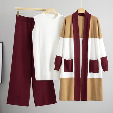 Women's Clothing Casual Suit For Women Autumn And Winter Knitted V Neck Cardigan Jacket + Bottoming Vest + Wide Leg Pants Three Piece Set_voghion.com