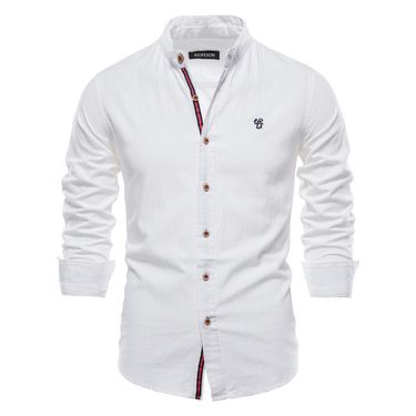 Spring/Summer Slim Fit Cotton and Hemp Casual Fashion Business Solid Long Sleeve Shirt Men's (US Size)_voghion.com