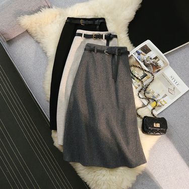 Thick brushed woolen simple skirt for women new slim high waist A line medium long swing skirt_voghion.com