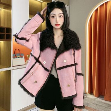 Women's Clothing Trendy Short Rabbit Fur Jacket For Petite Women - Winter Warm Cropped Shearling Coat In Pink & Red (Double Collar)_voghion.com