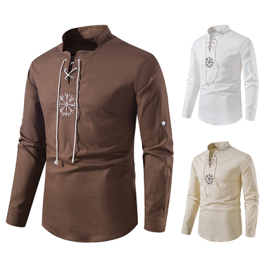 European clothing new men's fashionable cotton linen shirt long sleeved solid color ethnic beach yoga top_mkmklike.com