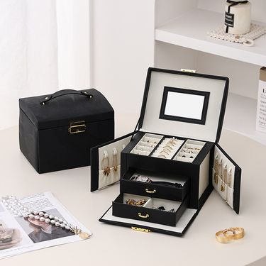 Leather Jewelry Box With Lock – 3-Tier Compact Storage For Necklaces, Rings & Earrings, Elegant & Secure Gift (17.5x13.5x12cm)_voghion.com