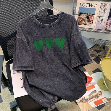 Women's Clothing retro love pure cotton t shirt women's summer fat girl mm washed black distressed fashionable short sleeved top_voghion.com