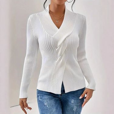 Elegant Ribbed Hem Split Knit Sweater Women's Slim Fit Long Sleeve Solid Color Pullover For Office & Casual Wear_voghion.com