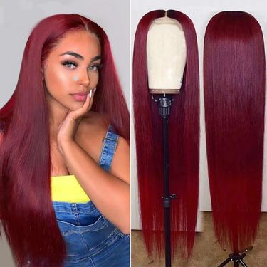 Wig woman wine red long straight hair with long bangs fashion chemical fiber headgear_viptrois.com