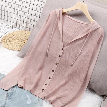 Women's Clothing Spring and summer new loose drop shoulder sleeve knitted cardigan jacket hooded top women's thin ice silk sunscreen outerwear_viptrois.com