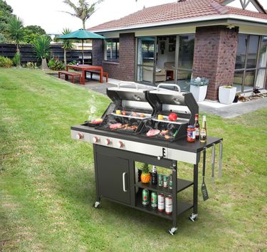 3-Burner Propane Gas BBQ Grill With Side Burner, Combined With Charcoal Grill, 37230BTU Output With Enameled Cast Iron Cooking Grids For Outdoor Barbecue, Stainless Steel_voghion.com