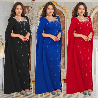 Fashion Women's Clothing Back Slit Cape Sleeve Hot Diamond Elegant Dress_voghion.com