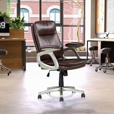 Mid Back Brown Faux Leather Swivel Office Executive Chair, Ergonomic Conference Desk Chair, Brown/Silver_voghion.com
