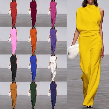 Women's clothing pants solid color one-shoulder pile collar jumpsuit hot selling hot dress pants_viptrois.com