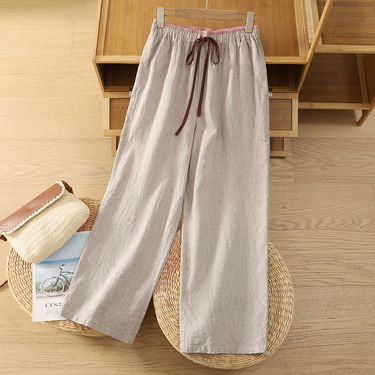 Muslim Splicing Elastic Waist Cotton And Linen Wide Leg Pants Casual Pants Women New Contrast Color Lace Straight Pants Long Pants_voghion.com