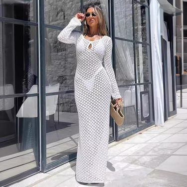 Women's Clothing Sun Protection Dress Sexy Perspective Hollow Knitted Seaside Holiday Beach Long Dress_voghion.com