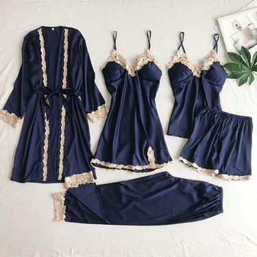 Silky Satin Sleepwear Set For Women - 5-Piece Lingerie & Robe Combo With Adjustable Straps, Plus Size Available_voghion.com