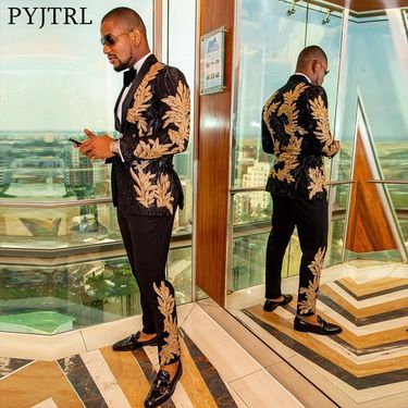 Men's Clothing High Quality Gold Sequin Applique Suit Suit Casual Blazer Singer Performance Costume_voghion.com