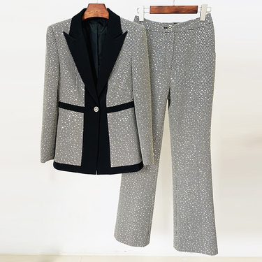 Women's temperament sequin small check color matching suit trouser two-piece set_voghion.com