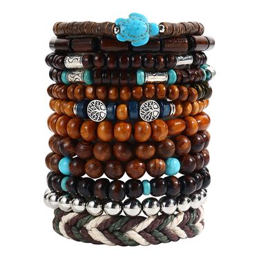 Handmade Beaded Set Bracelet Men's Retro Wooden Bead Elastic Bracelet Coconut Shell Bracelet_voghion.com