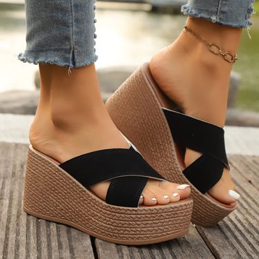 Women's Shoes Summer Thick Soled Wedge Heeled Slippers For Women Wedge Heeled Solid Color Round Toed Sandals_voghion.com