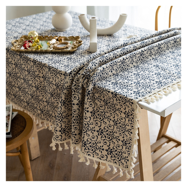 Retro Printed Blue Tablecloth Rectangular With Tassel Table Cloths Dining Table Cover For Wedding Party Restaurant Table Decoration_voghion.com